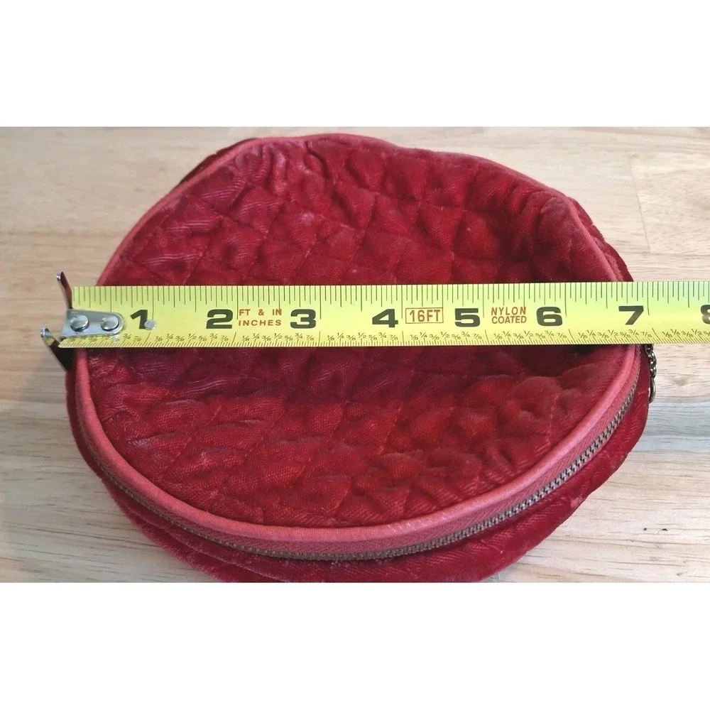 Vintage Red Quilted Velvet Travel Jewelry Case Round Satin Lined Organizer